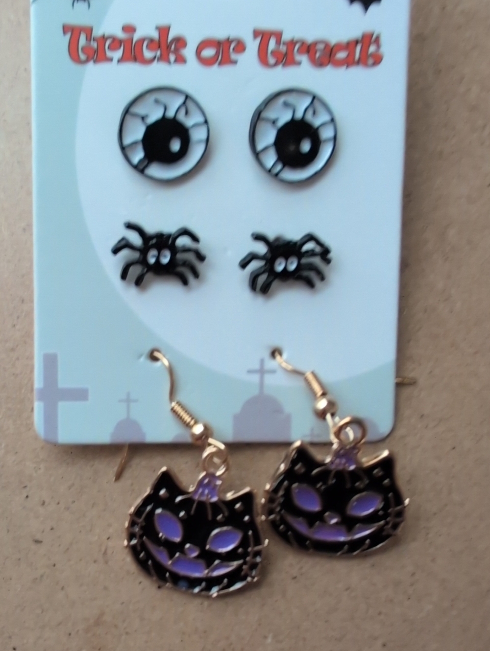 Halloween Cat & Spider Earring Set - Purple and Black